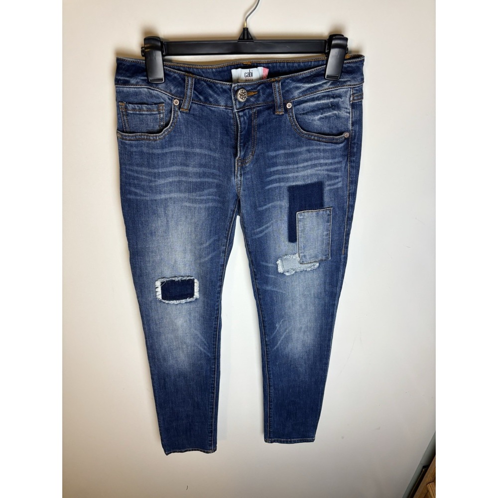 CAbi Slim Boyfriend Patchwork Jeans Womens Size 2 Blue Stretch Denim.